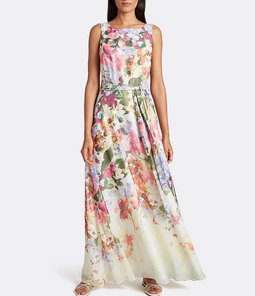 Tahari ASL Floral Foiled Chiffon Sleeveless Dress