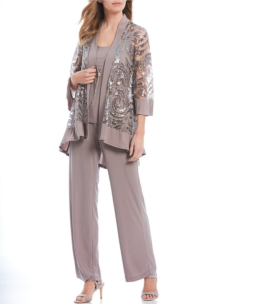 R & M Richards Swirl Sequin Jacket 2-Piece Pant Set