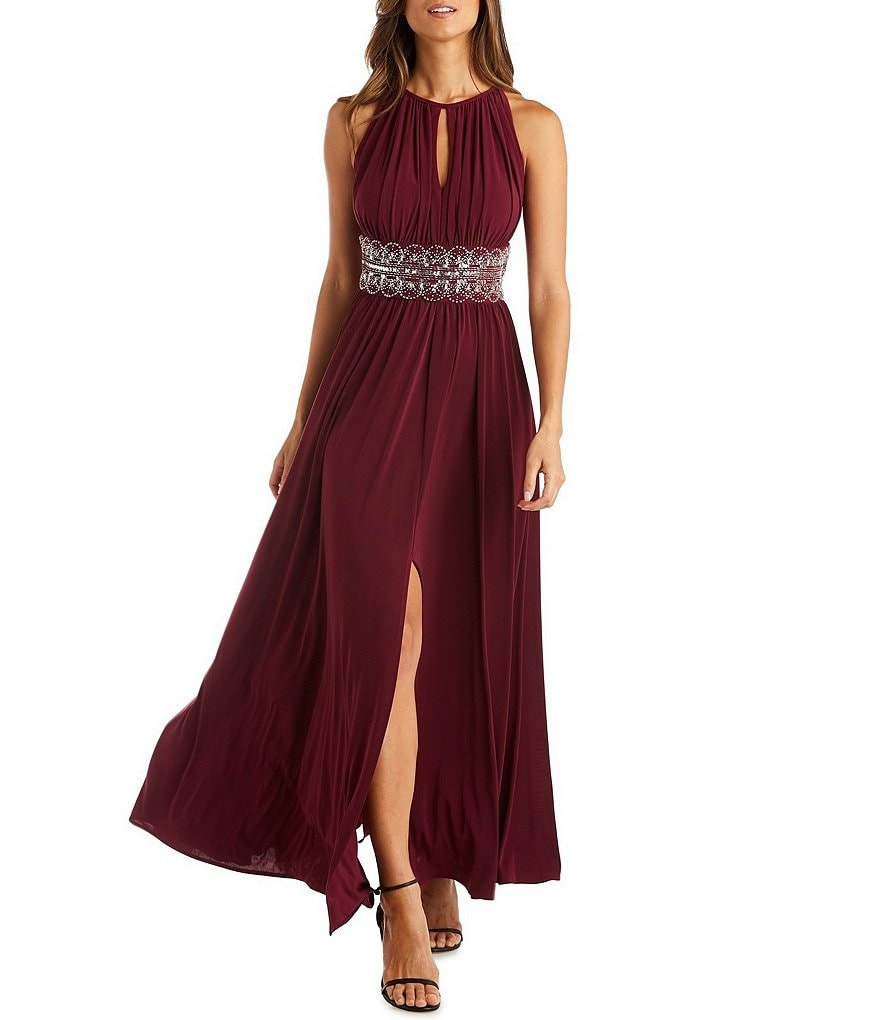 R & M Richards Beaded Waist Keyhole Neck A-Line Gown