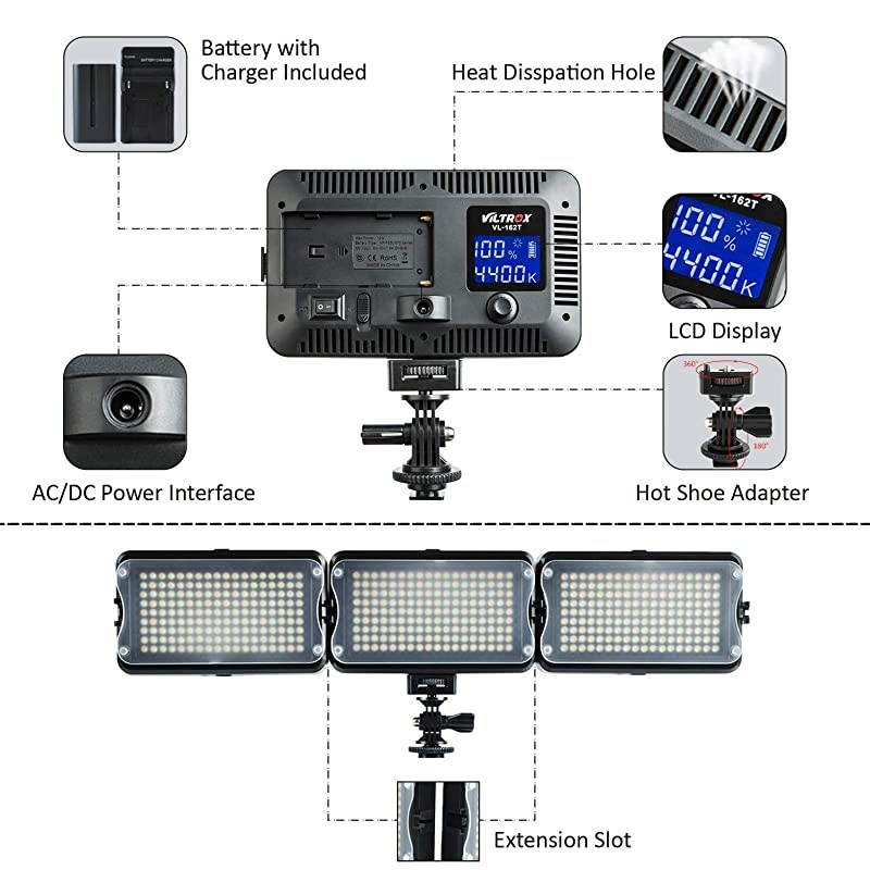 VL-162T CRI95+ LED Video Light, Portable Camera Photo Light Panel Dimmable for DSLR Camera Camcorder with Battery, Charger, High Brightness, 3300K-5600K Bi-Color, White Filter and LCD Display