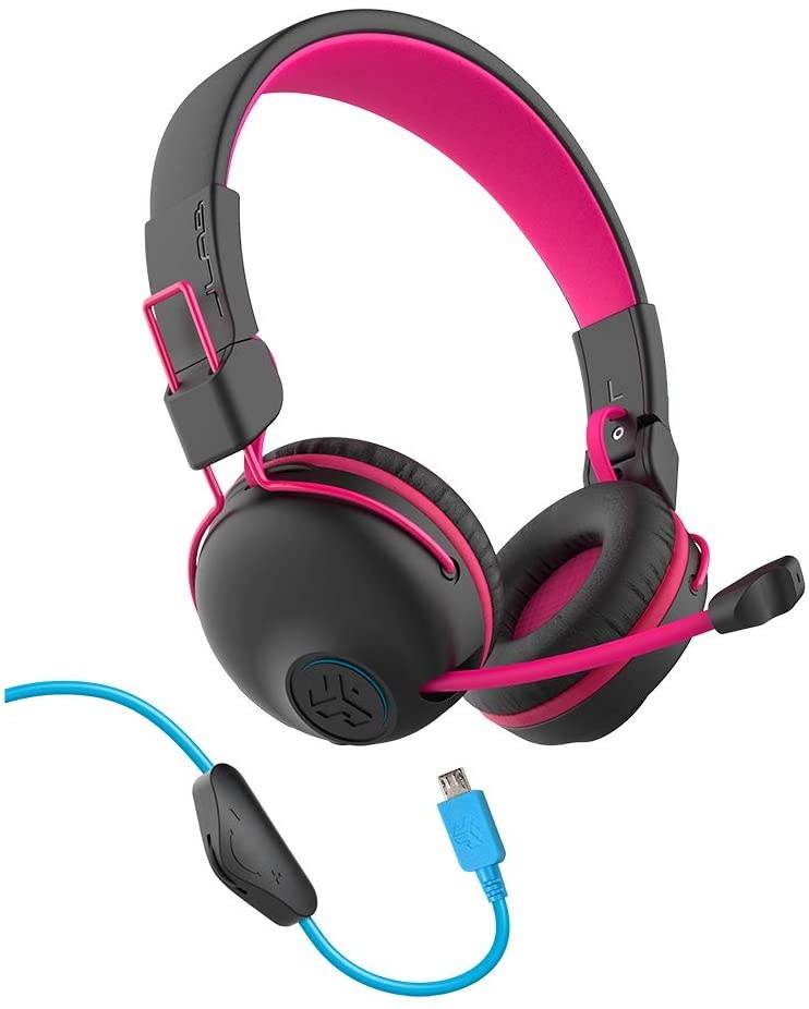 JLab Audio JBuddies Play Gaming Wireless Kids Headset | Pink | 22+ Hour Bluetooth 5 Playtime 60ms Super-Low Latency for Mobile Gameplay | Retractable Boom Mic | AUX Cord Compatible w/Gaming Consoles