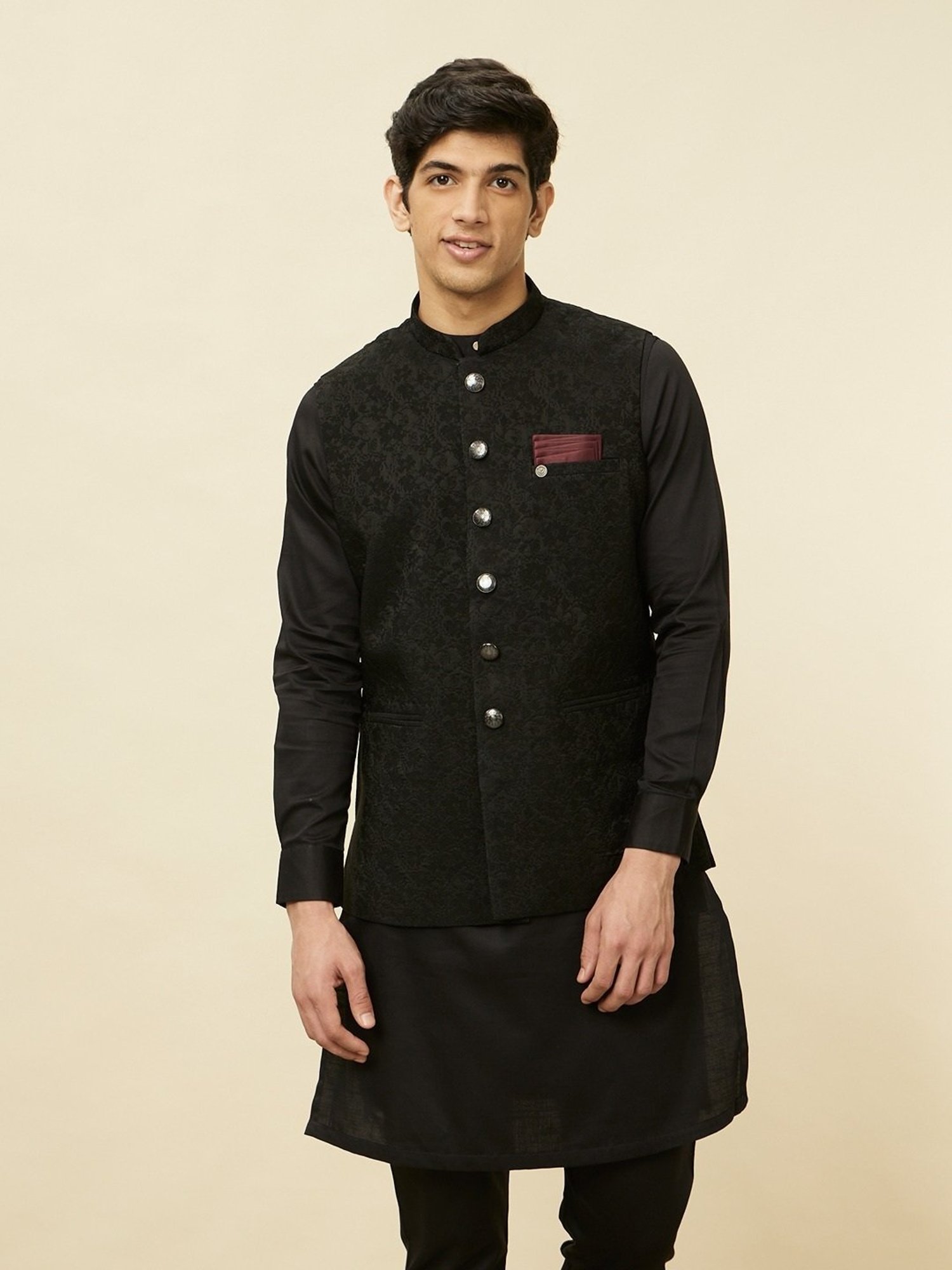 Manyavar Black Regular Fit Self Pattern Nehru Jacket