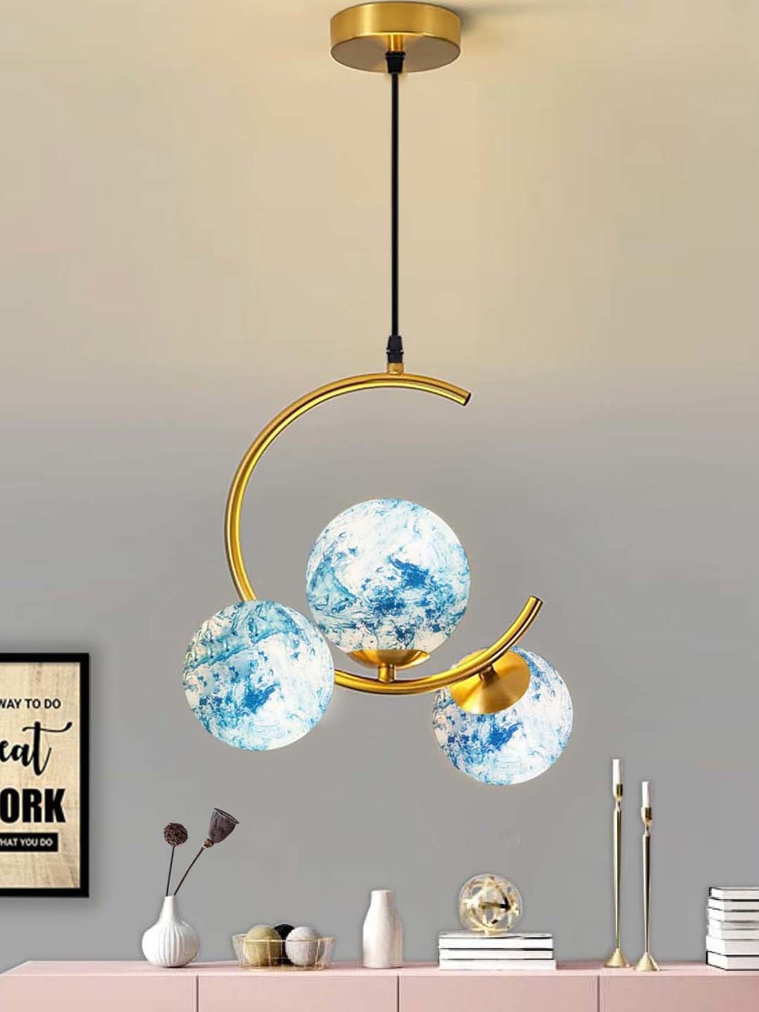 Homesake Turquoise & Gold Metal Modern 3 Globe Chandelier Hanging Light