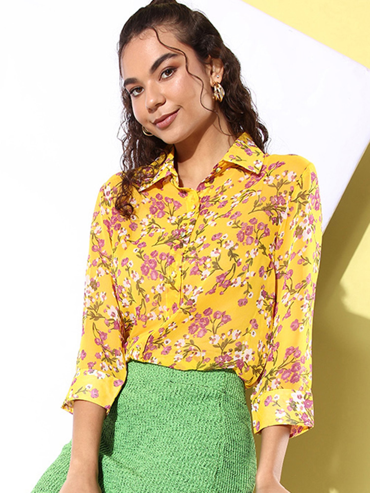 Anvi Be Yourself Yellow Floral Print Sheer Shirt