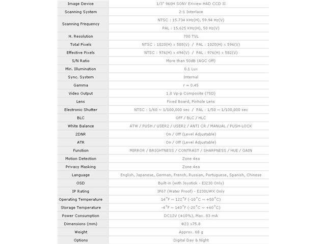 KTnC KPC-EJ230NUWX Bullet Camera 700 TVL Sony effio 2D-DNR D-WDR ATR 3.6mm OSD