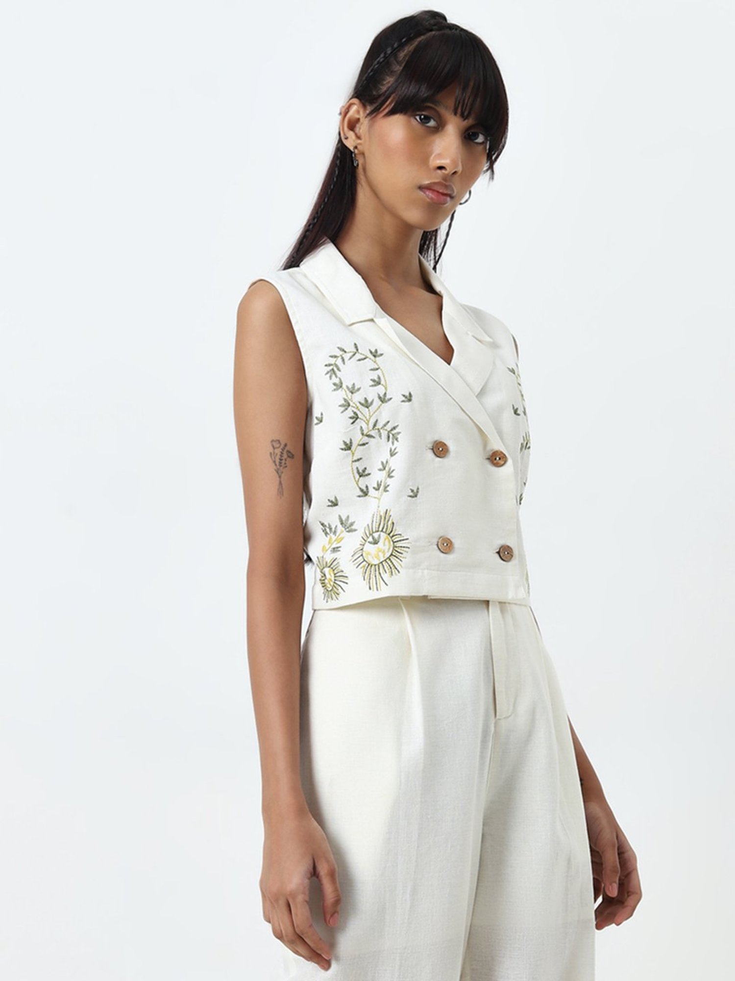 Bombay Paisley by Westside Ivory Waistcoat-Style Cotton Blend Top