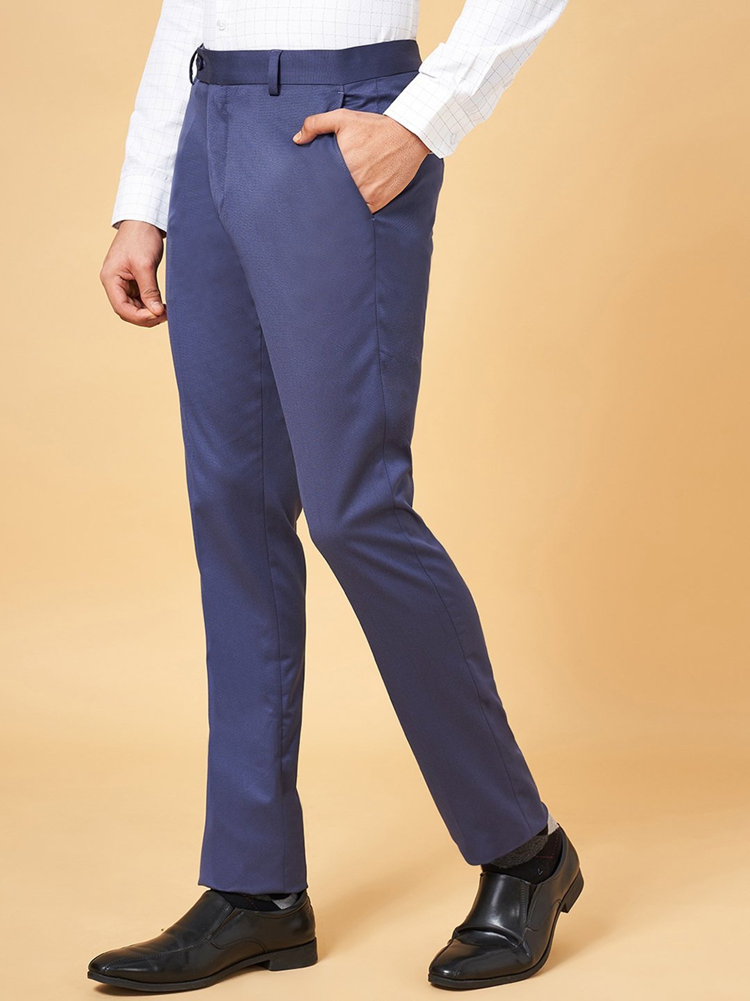 Peregrine by Pantaloons Blue Slim Fit Flat Front Trousers