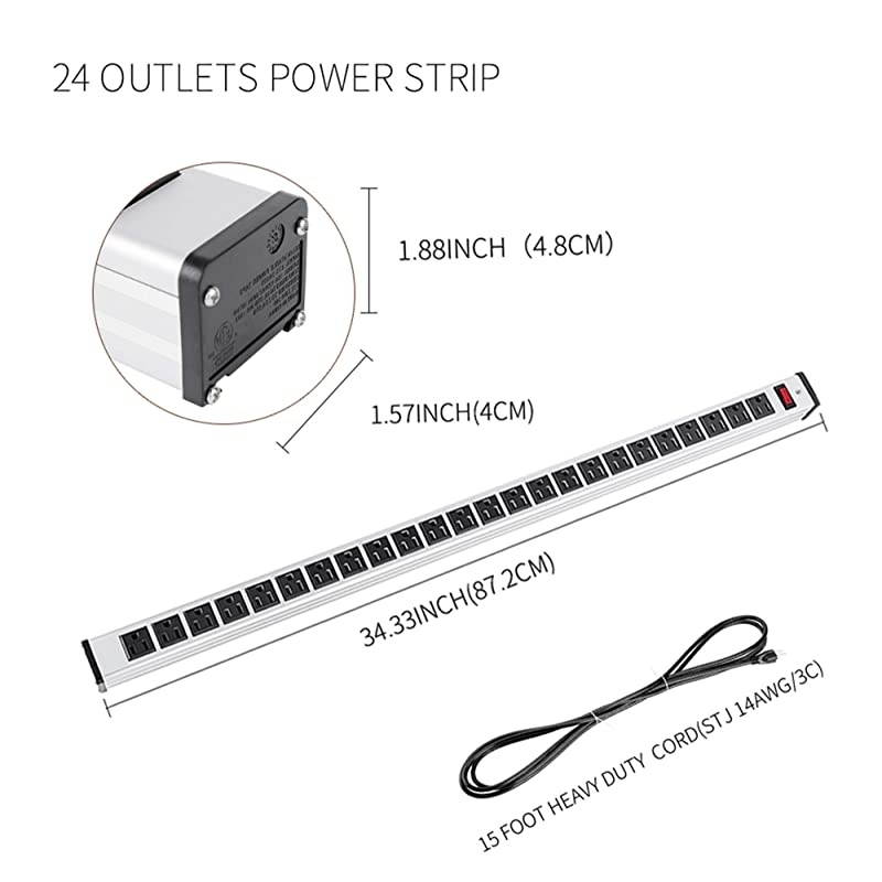 Protector Power Strip 24outlet ETL Certified Long Heavy Duty Metal Power Strip with 15Foot Long Extension Power Cord UL Listed