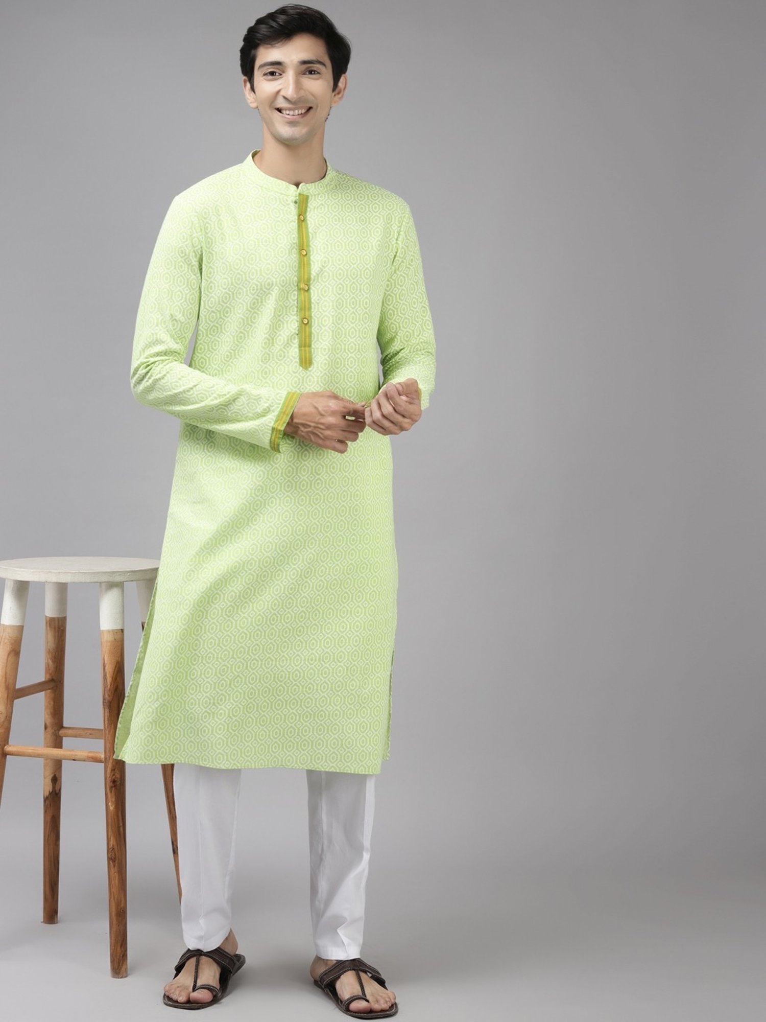 See Designs Lime Green & White Cotton Regular Fit Printed Kurta Bottom Set