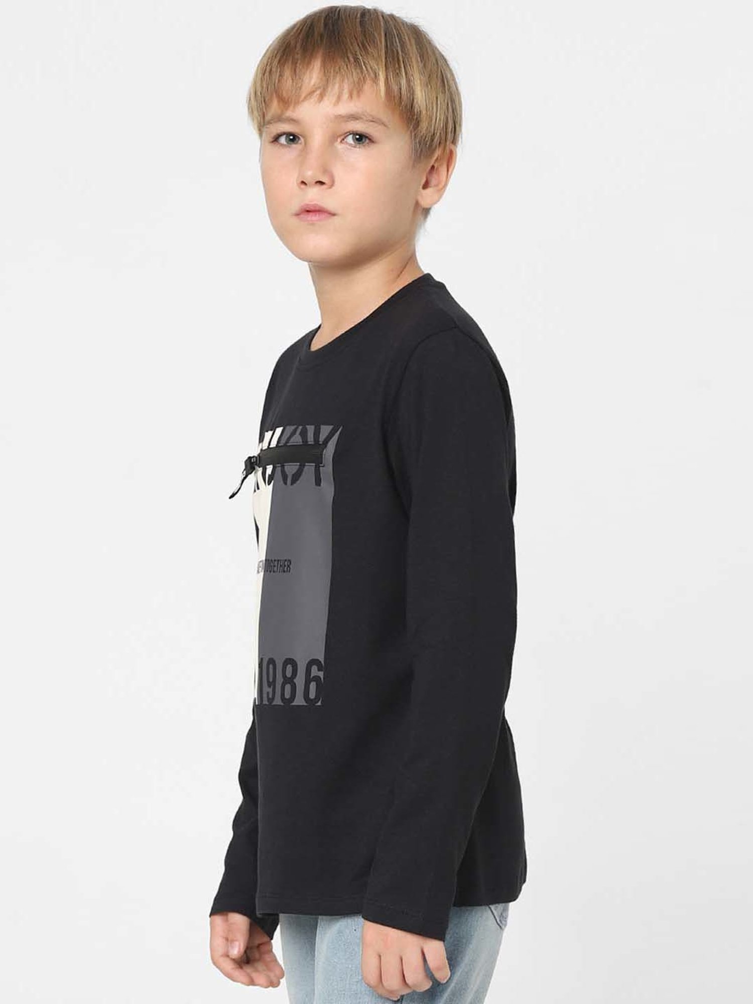 Jack & Jones Junior Boys Black & White Cotton Printed Full Sleeves T-Shirt