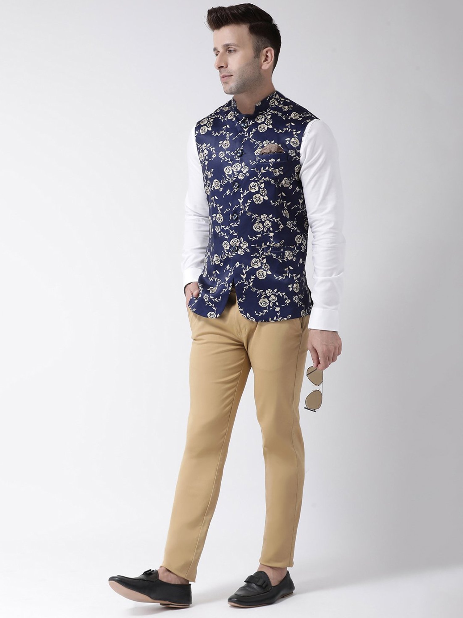 Hangup Plus Navy Regular Fit Printed Nehru Jacket