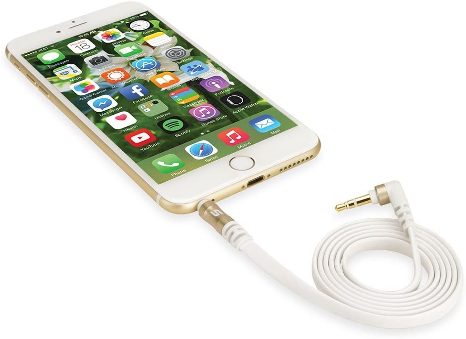 Scosche Aux 3 Feet Flatout 3.5MM Flat Auxiliary Audio Cable With 90 Degree Tip 3-FOOT In White/gold