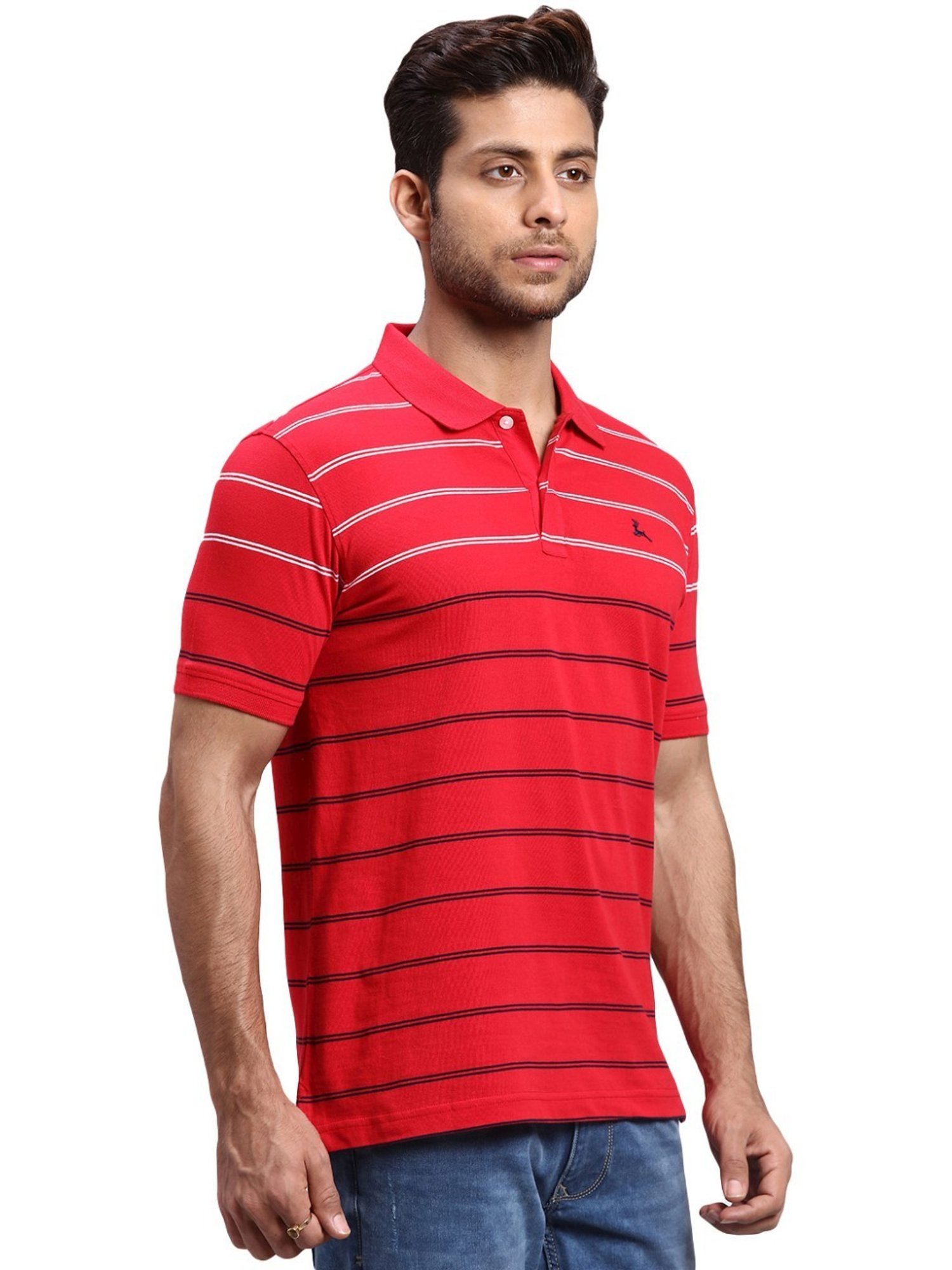 Parx Red Regular Fit Striped Polo T-Shirt