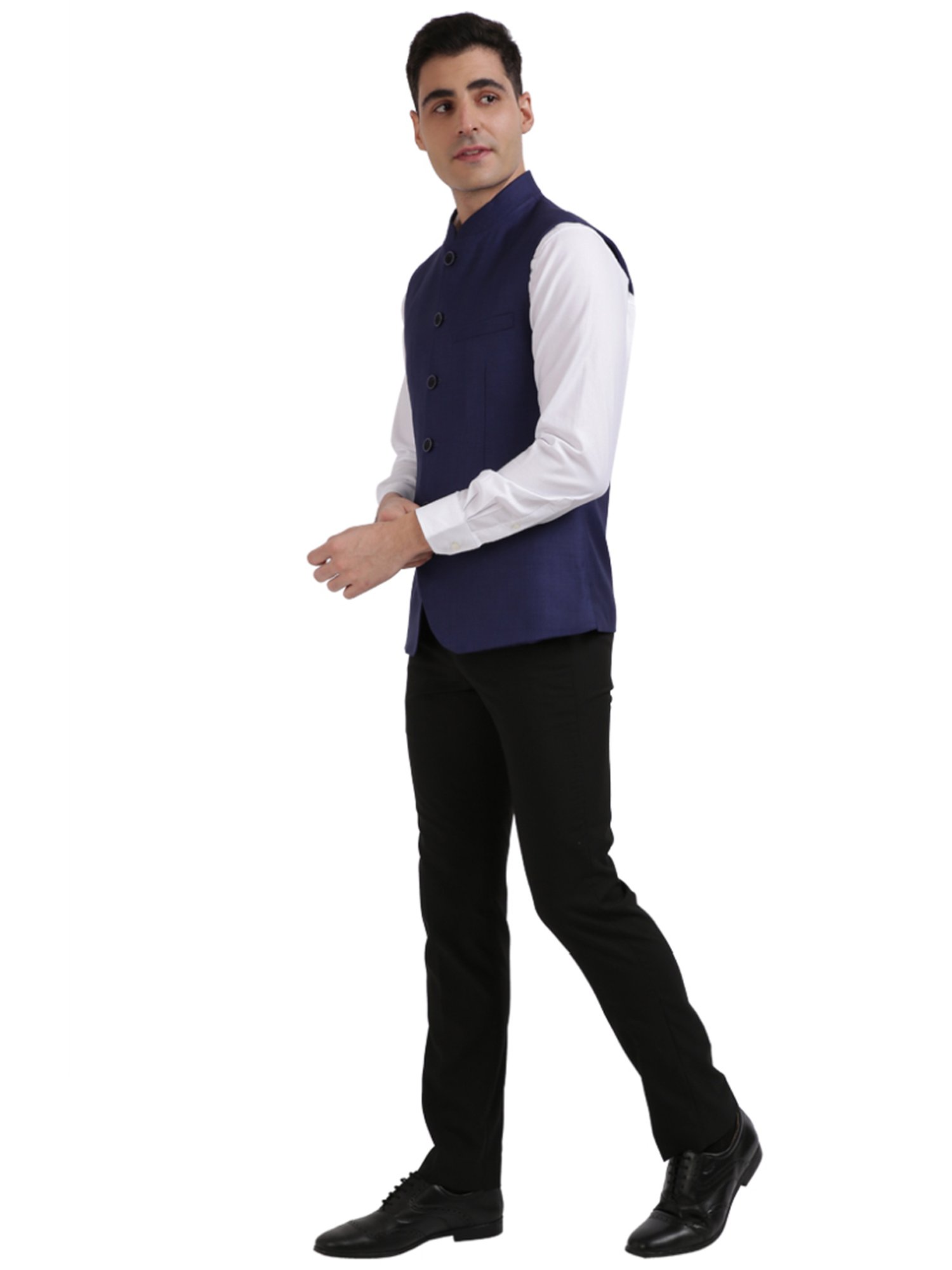 Colorplus Blue Tailored Fit Checks Nehru Jacket
