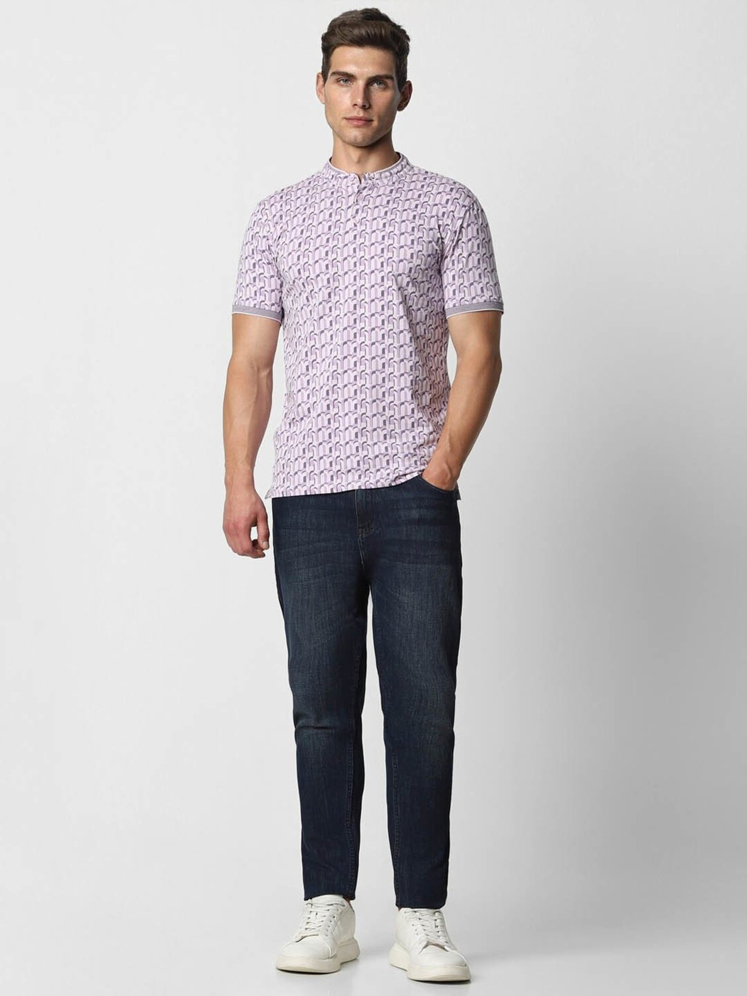V Dot Lilac Cotton Slim Fit Printed Henley T-Shirt