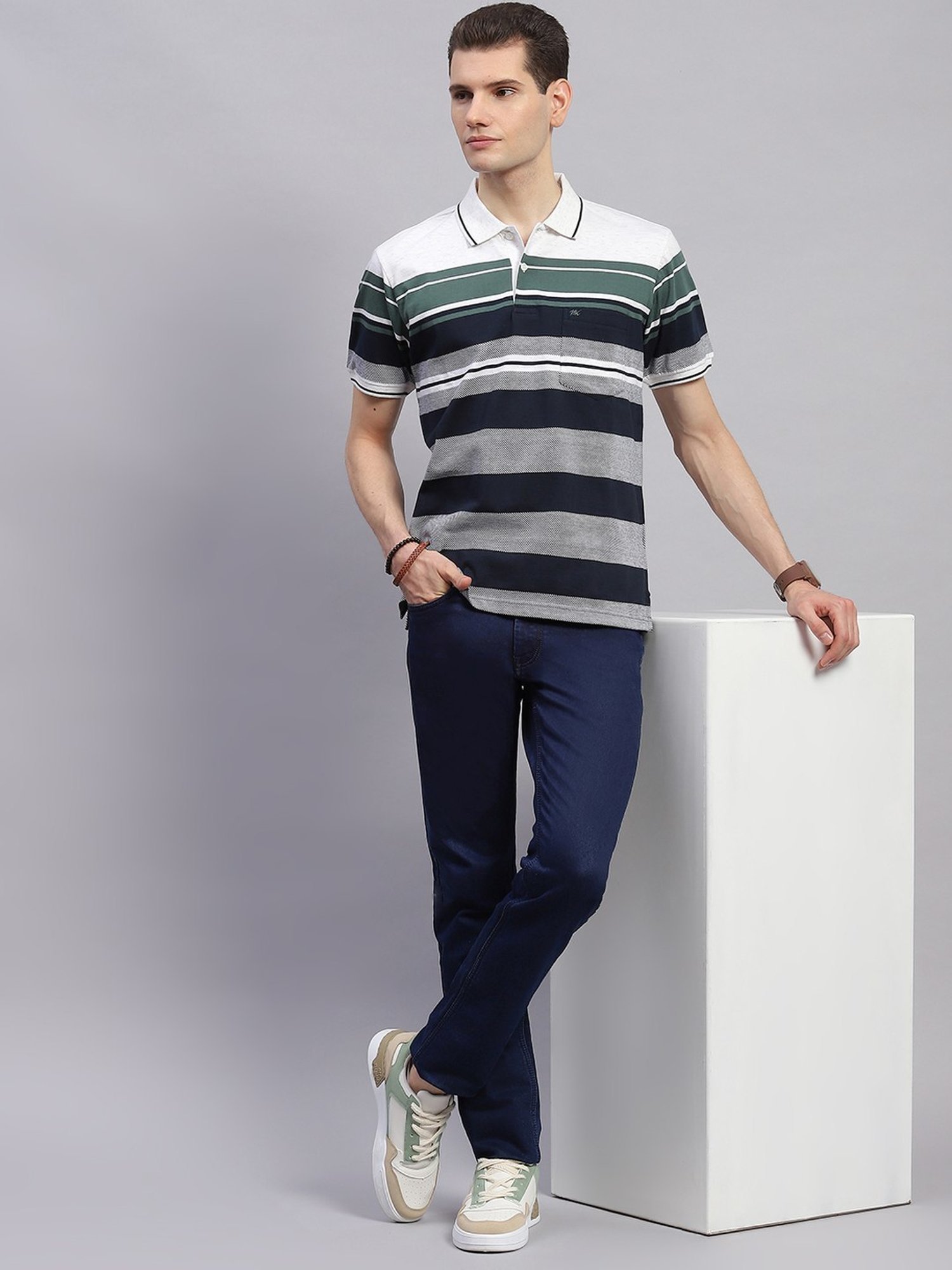 Monte Carlo Navy Blue Regular Fit Striped Polo T-Shirt