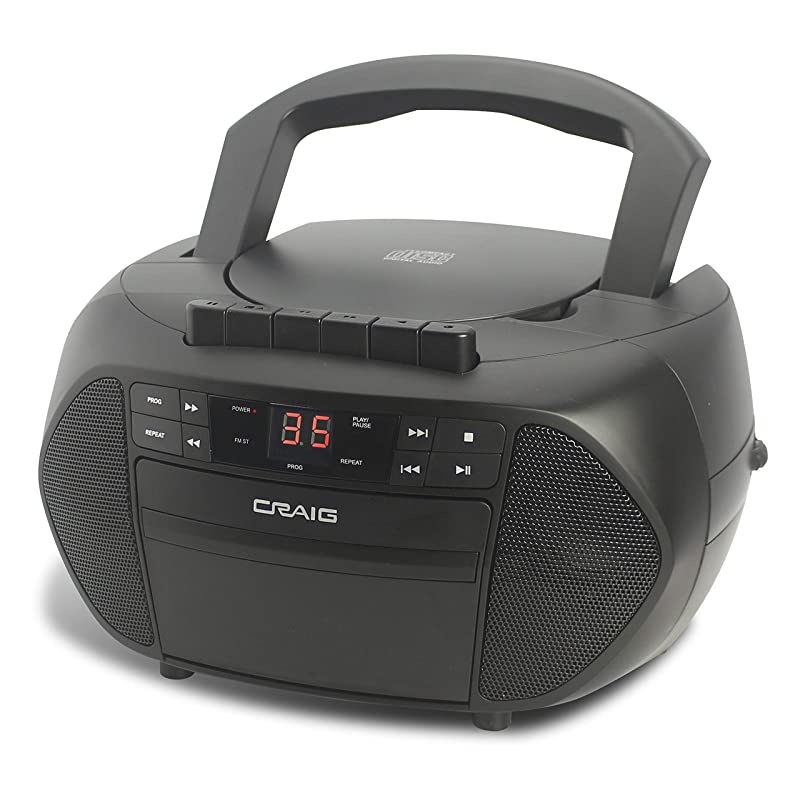 CD6951 Portable Top-Loading CD Boombox with AM/FM Stereo Radio and Cassette Player/Recorder in Black | 6 Key Cassette Player/Recorder | LED Display |