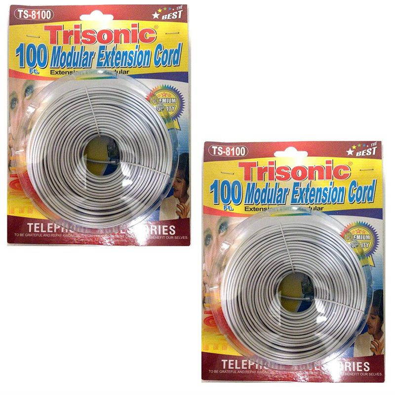 Trisonic Telephone Extension Cord Phone Cable Foot, White, 100Ft., 2-Pack