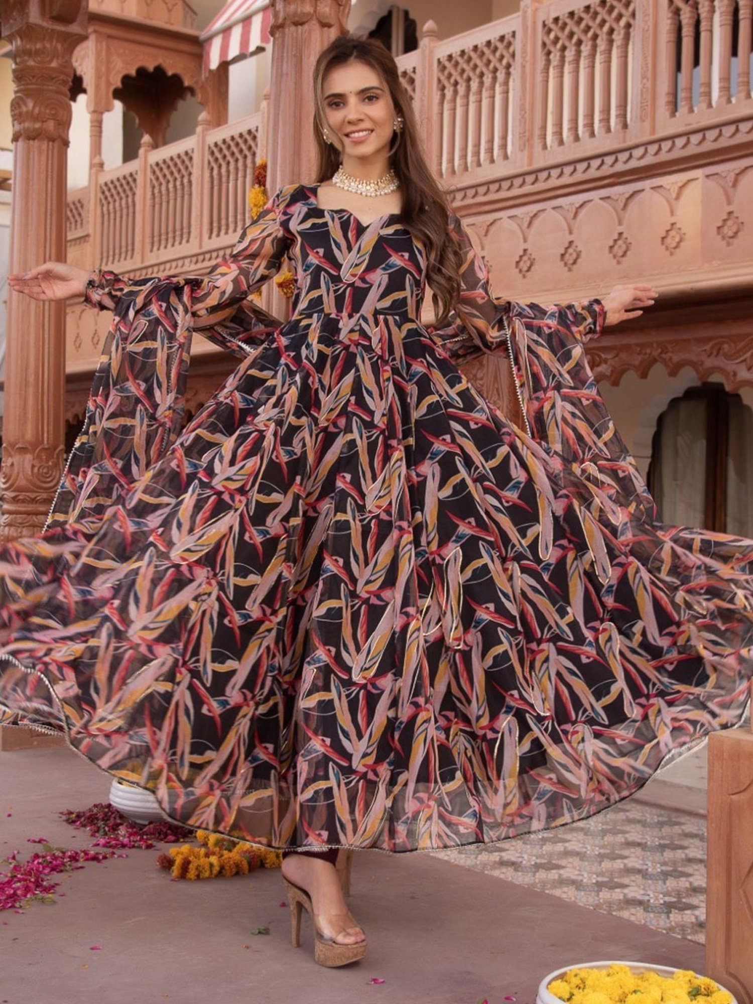 Calmna Black And Gold Organza Anarkali Suit Set