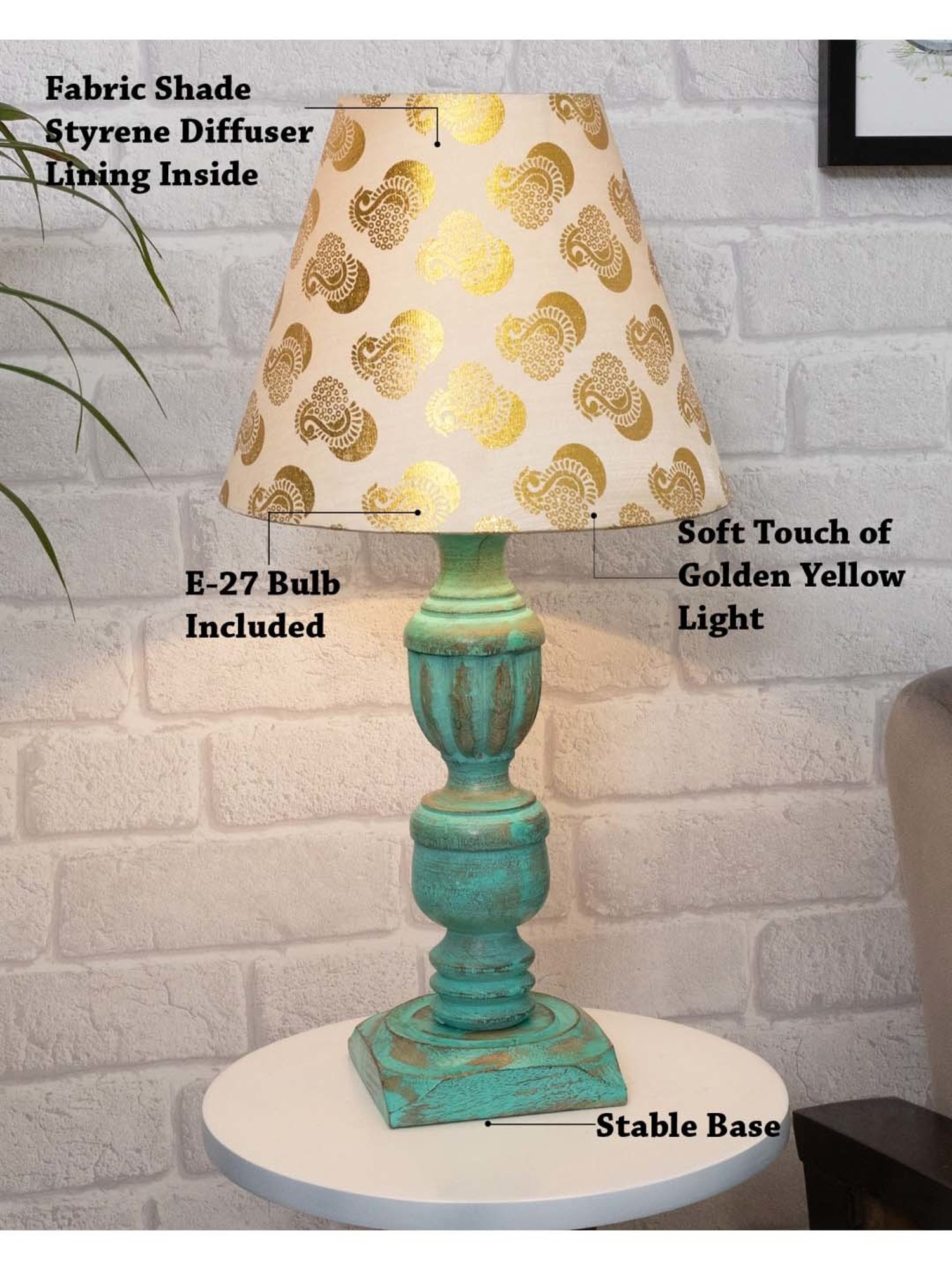 Homesake 'Rustic Algae' Mustard & Green Wood Trophy Carved Table Lamp with Empire Shade - Set of 1