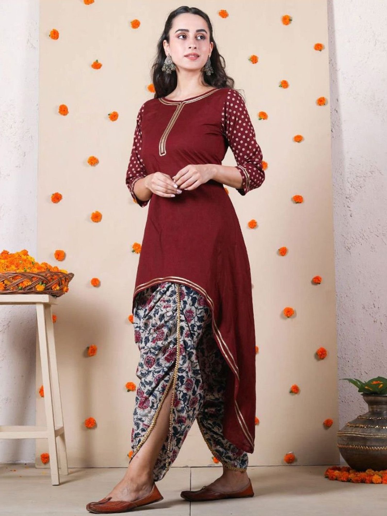 Rustorange Maroon Polka Asymmetric Kurta & Dhoti Set