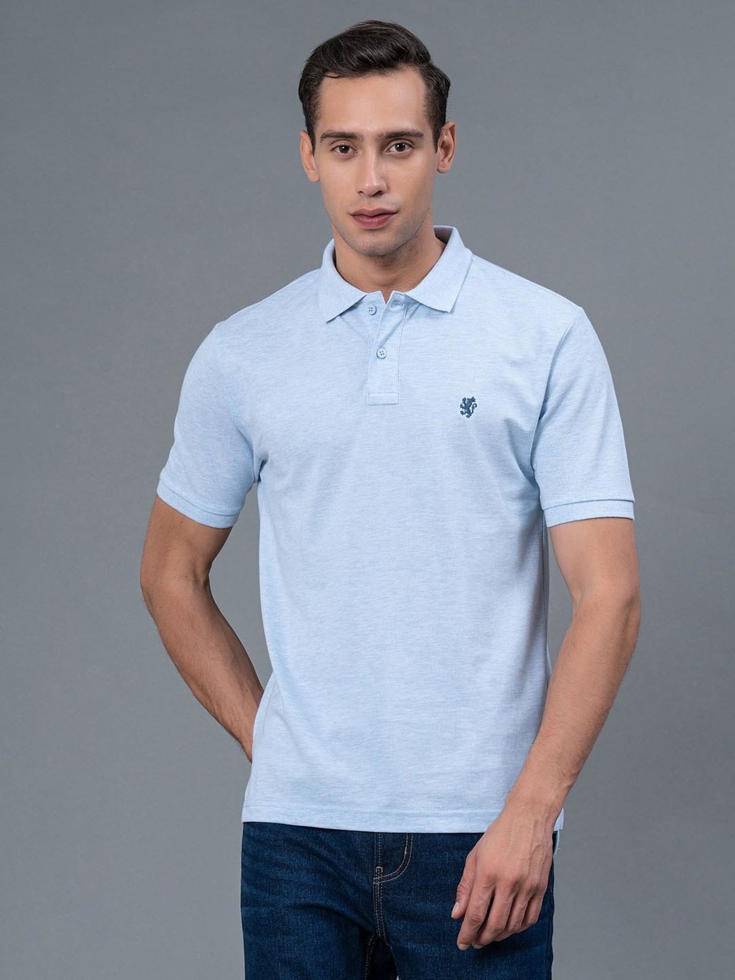 Red Tape Light Blue Melange Regular Fit Polo T-Shirt