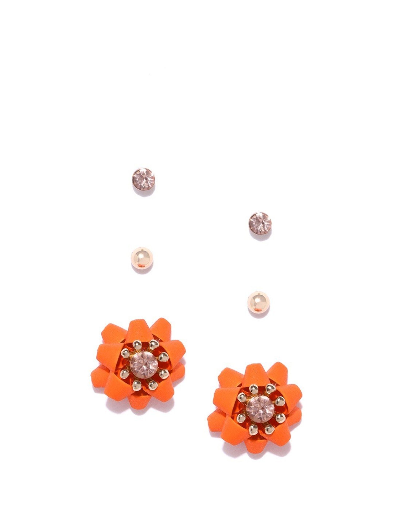 Priyaasi Orange Floral Pearl and Stone Stud Earrings - Set of 3