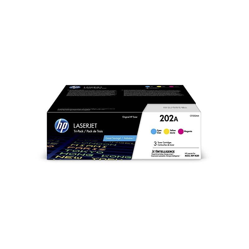202A | CF501A, CF502A, CF503A | 3 Toner Cartridges | Cyan, Magenta, Yellow | Works with  LaserJet Pro M254, M281cdw, M281dw, M281fdw