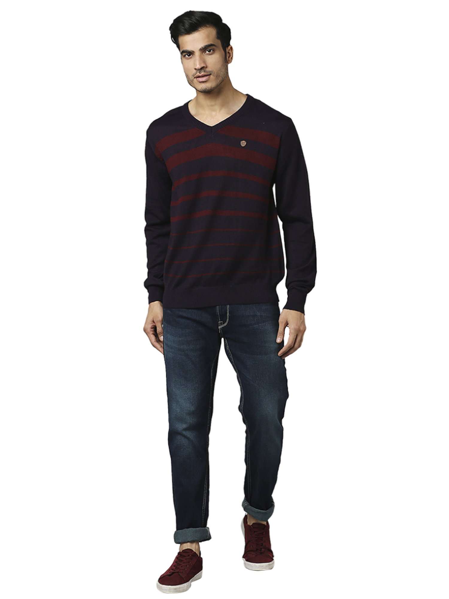 Raymond Purple  Regular Fit Striped Sweaters