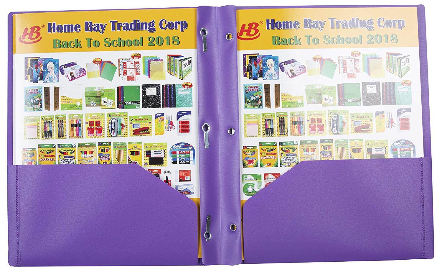 2 Pocket Plastic folders with 3 Prong Fasteners (Pack of 3) (Purple)