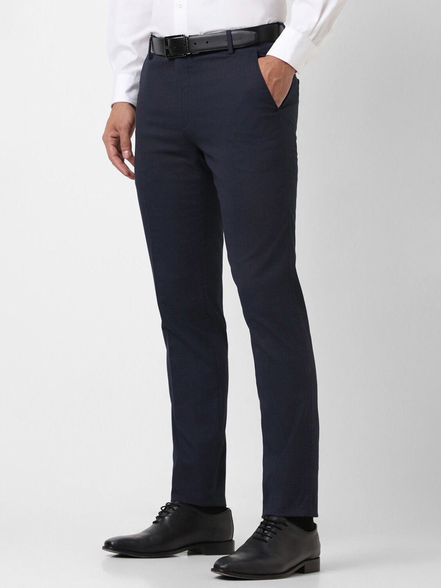 Peter England Navy Slim Fit Checks Trousers