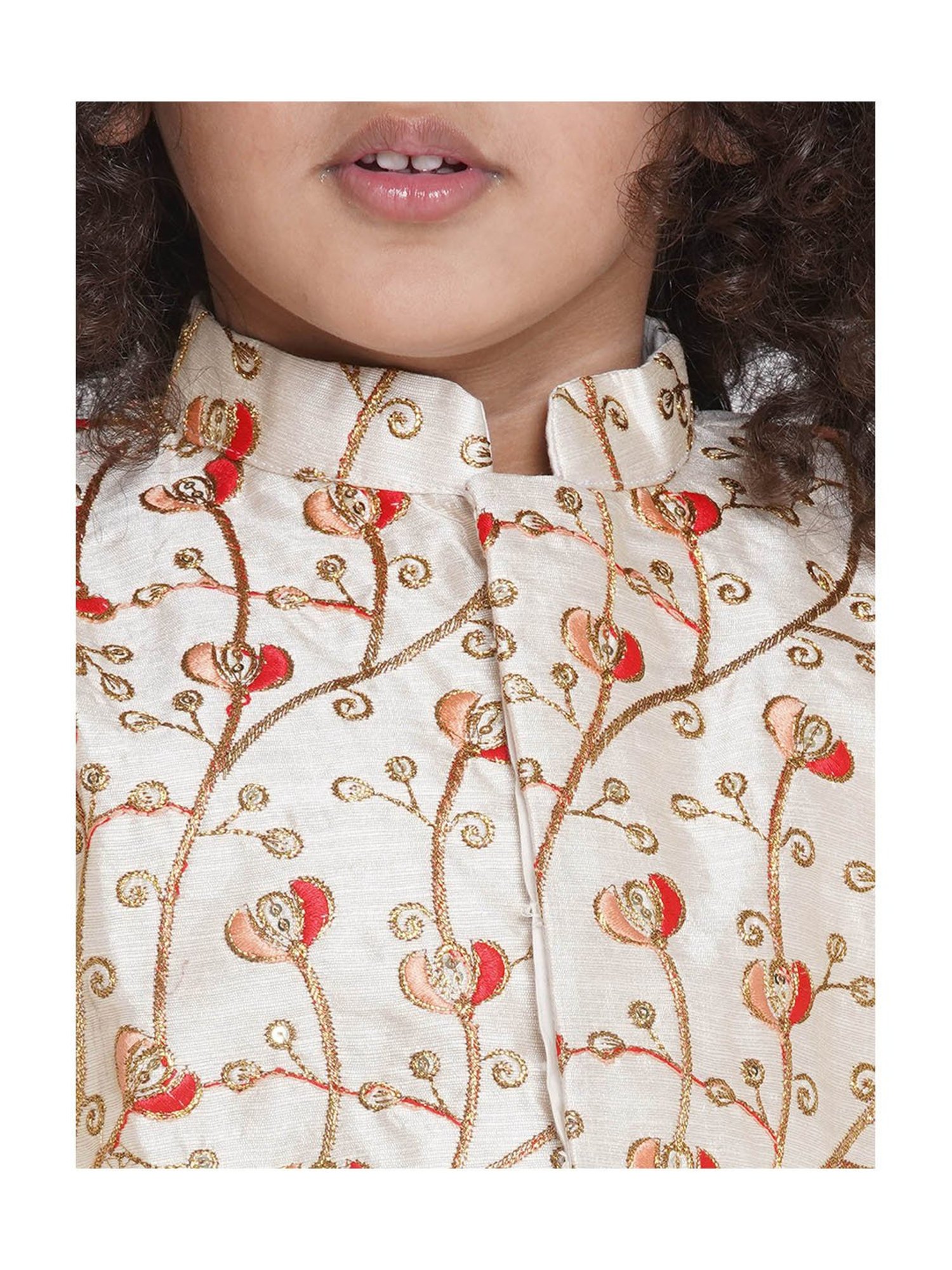 Little Bansi Kids Cream Embroidered Full Sleeves Kurta , Jacket with Dhoti