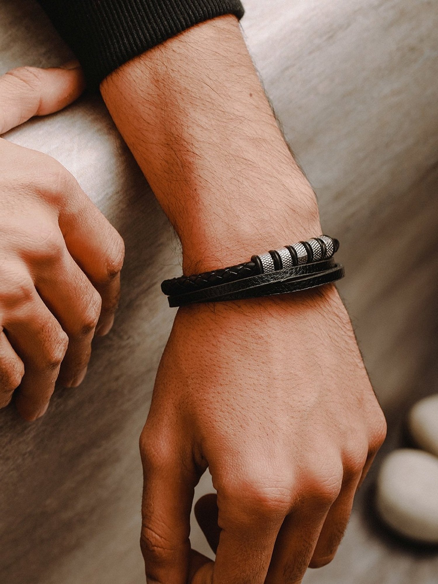 Aatmana Men Leather Black & Silver Wraparound Bracelet