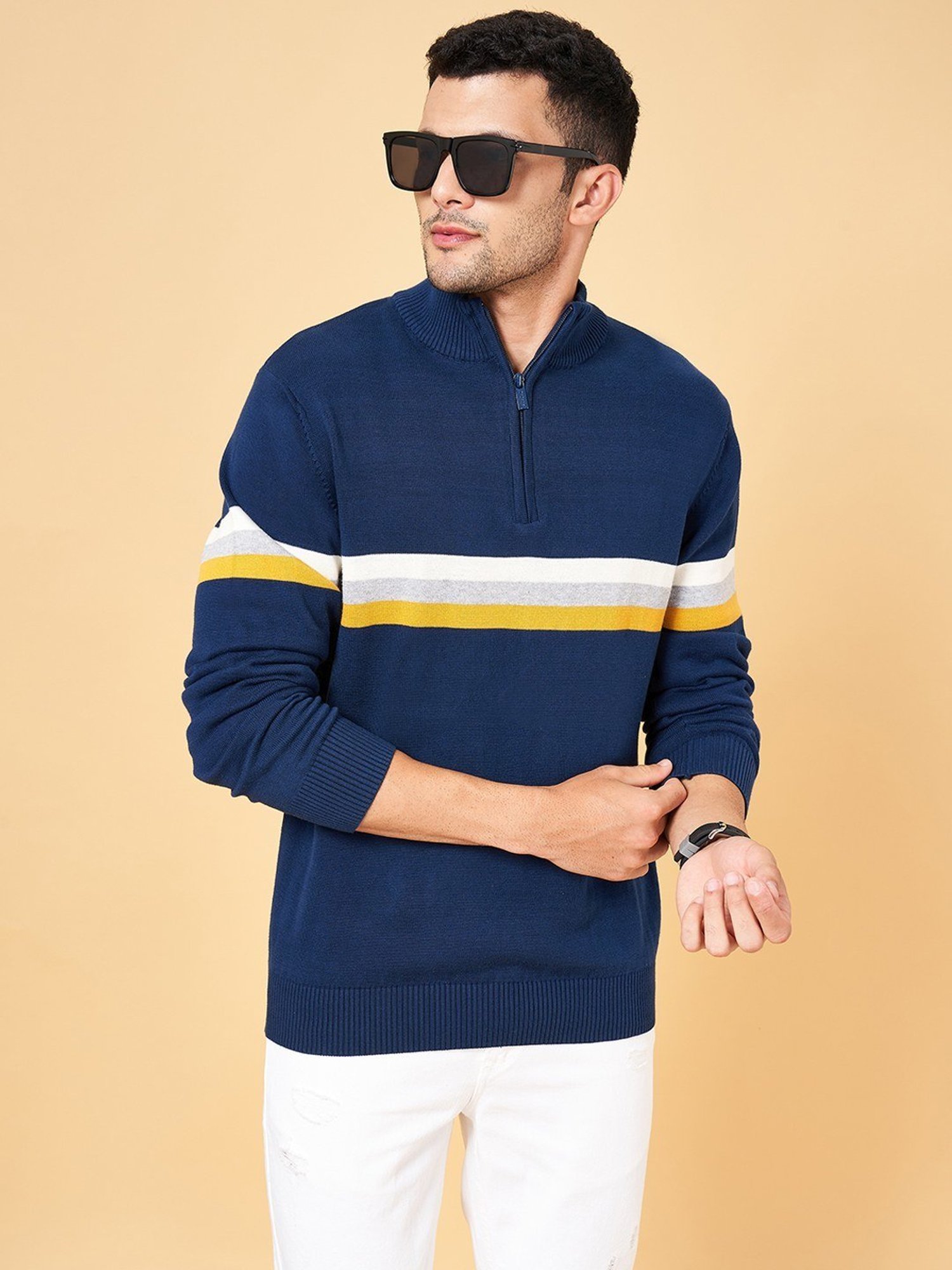 Byford by Pantaloons Blue Cotton Slim Fit Striped Sweater