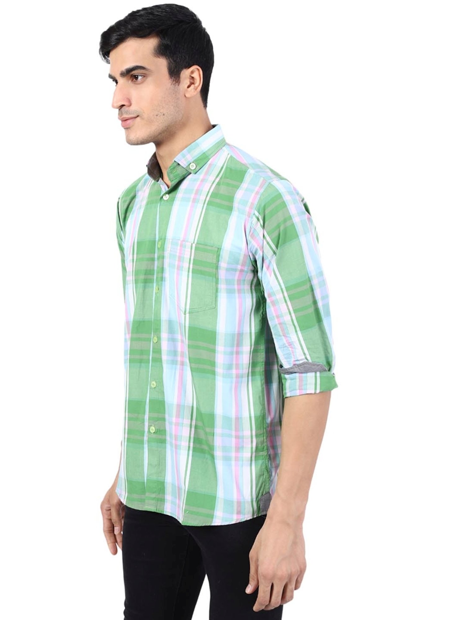 TAHVO Green & White Cotton Slim Fit Checks Shirt