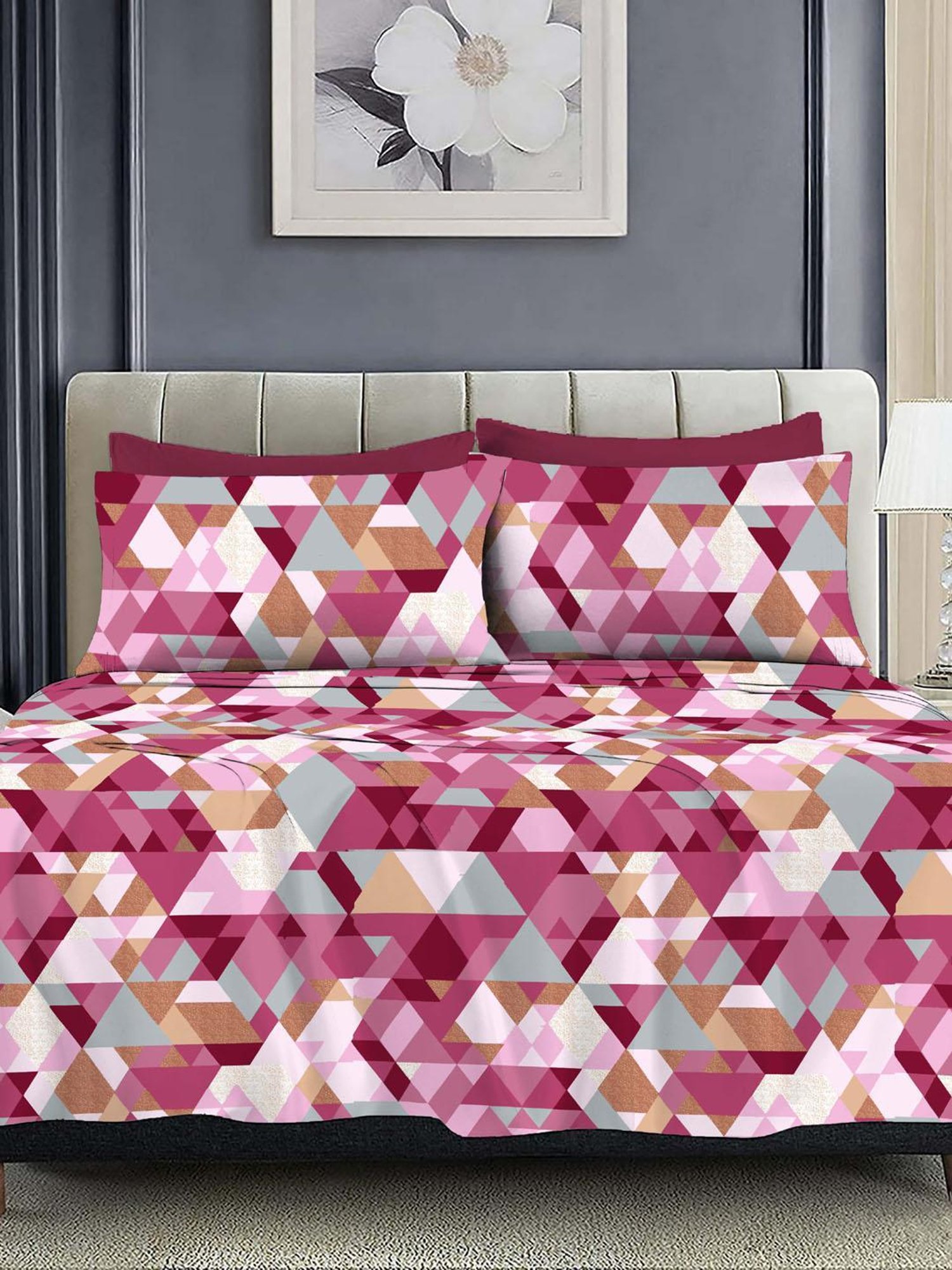 Ariana Sorrento Wine Cotton Geometric Cotton Bed Sheet