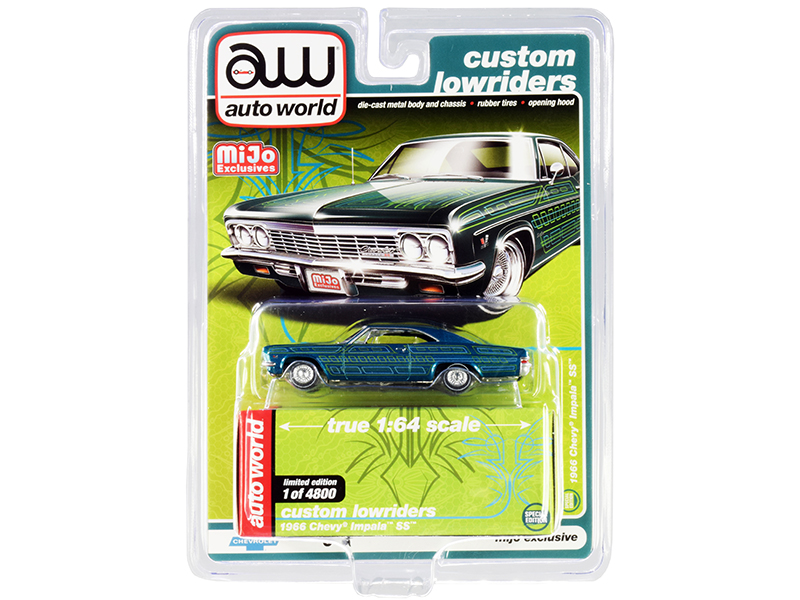 1966 Chevrolet Impala SS Blue Metallic with Graphics "Custom Lowriders" Limited Edition to 4800 pieces Worldwide 1/64 Diecast Model Car by Auto World