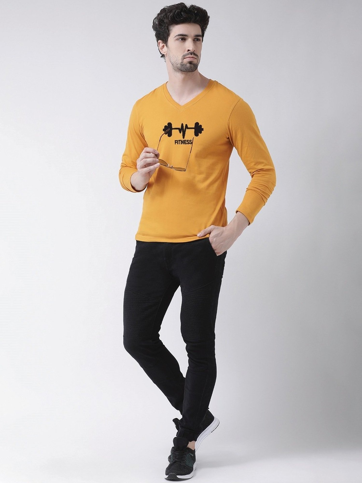 Friskers Mustard Cotton Slim Fit Printed T-Shirt