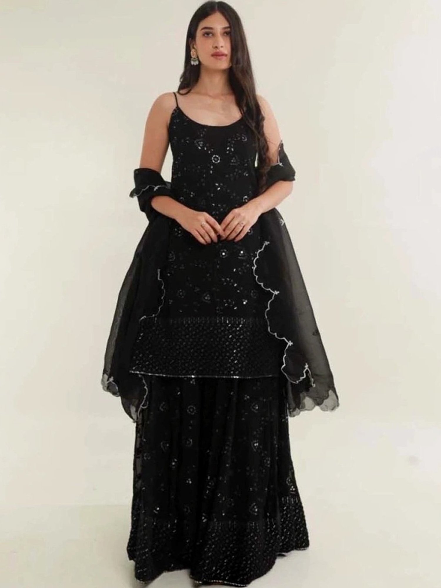 Asrumo Black Tara Mirror Work Chikankari Georgette Kurta with Sharara and Dupatta