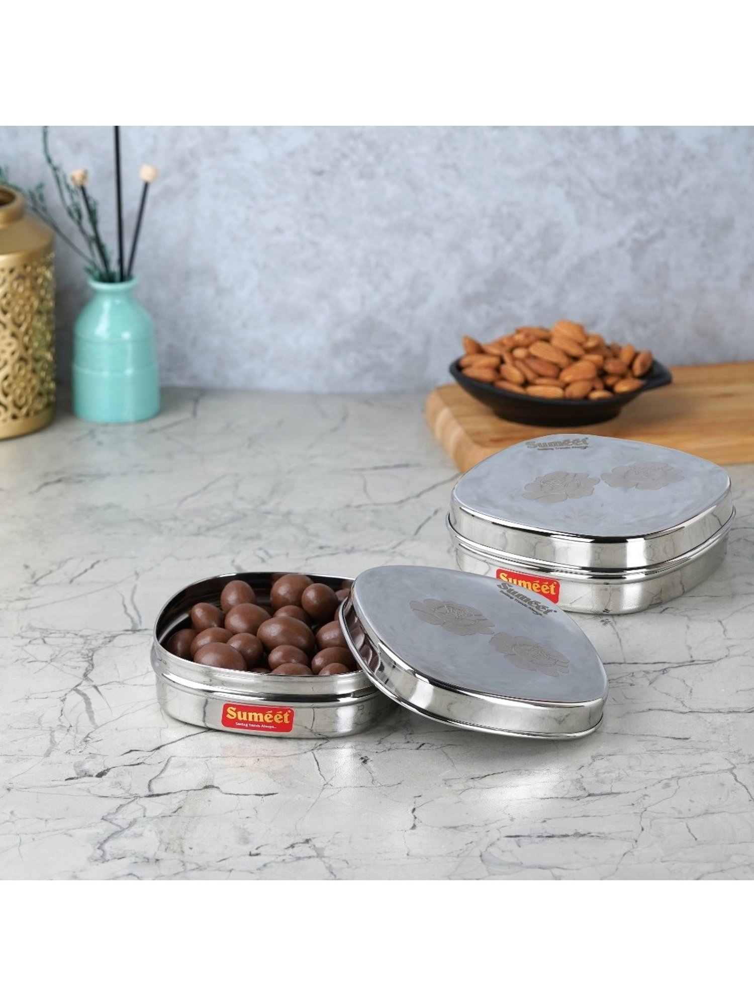 Sumeet S.S. Designer Square Storage containers box/Dabba for Kitchen, Set of 2Pcs, 350ml, 12cm Dia,