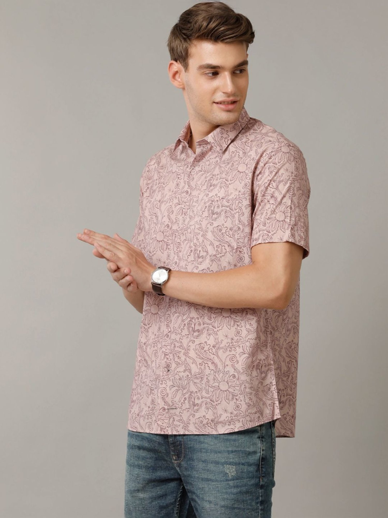 Cavallo By Linen Club Peach Linen Contemporary Fit Printed Shirt