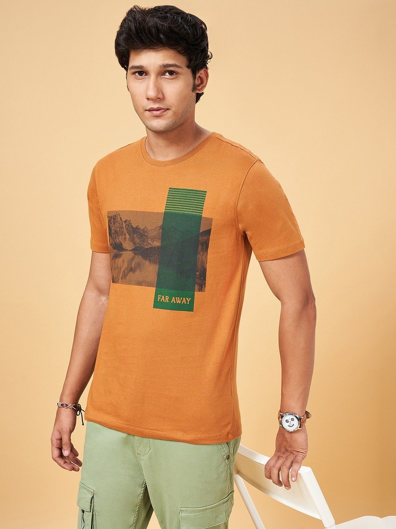 Urban Ranger by Pantaloons Tan Cotton Slim Fit Printed T-Shirt