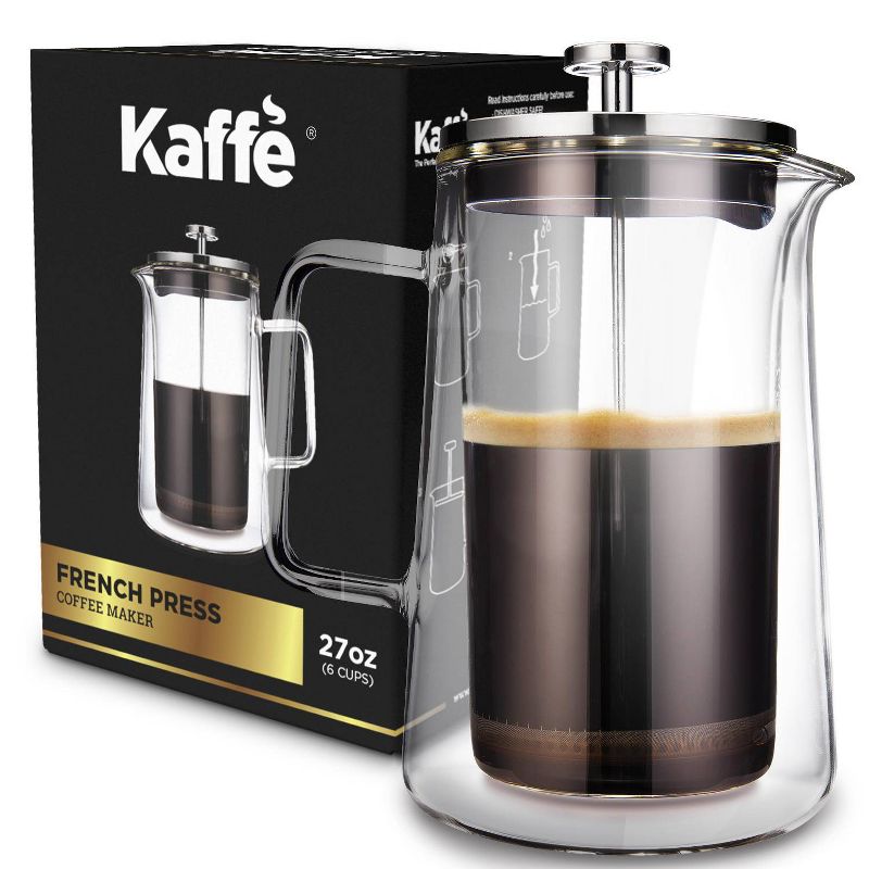 Kaffe French Press Coffee Maker. Double-Wall Borosilicate Glass. (27oz / 0.8L) 6-cups