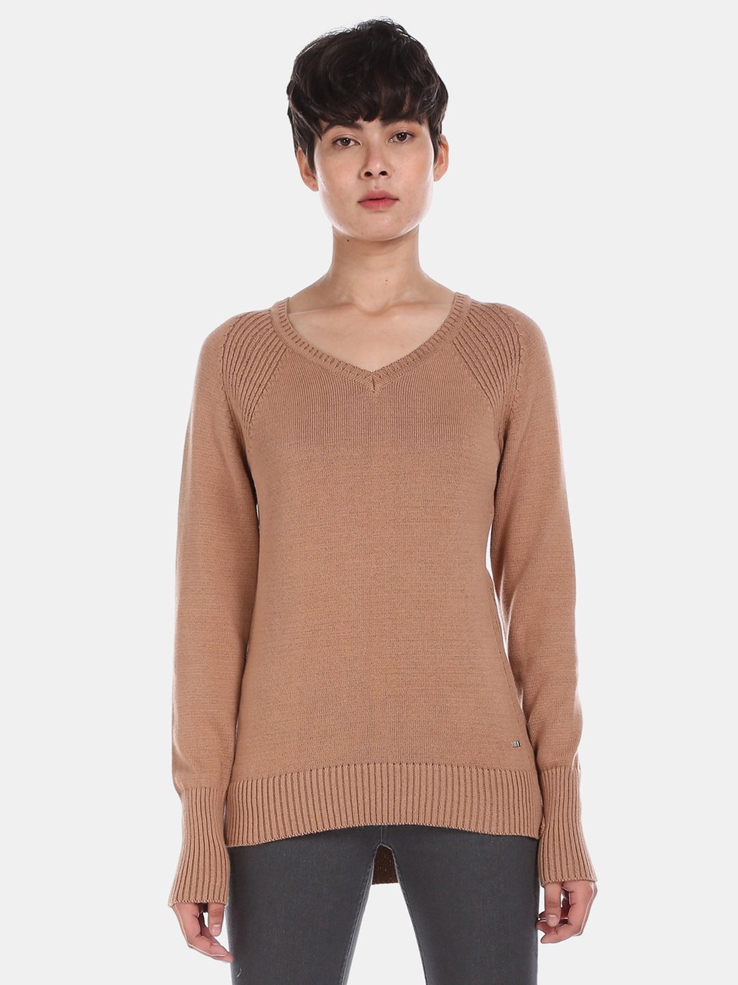 U.S. Polo Assn. Brown Self Design V Neck Sweater