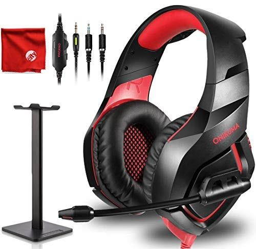 ONIKUMA K1-B Pro Red Over-Ear Surround Sound Noise Cancelling Gaming Headset Microphone Bundle with Headphone Stand for PC, Xbox One, PS4, Nintendo Switch, Mac, Desktop, Laptop, Computer