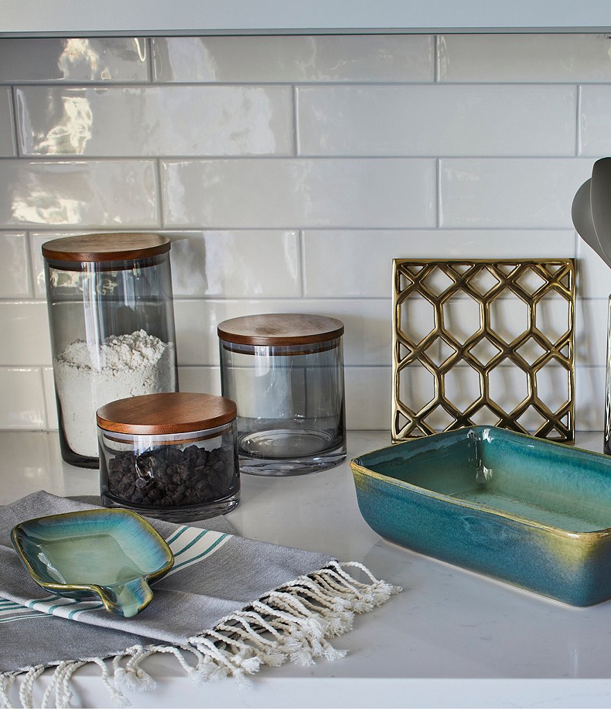 Southern Living Grey Glass Canisters with Acacia Wood Lid, Set of 4