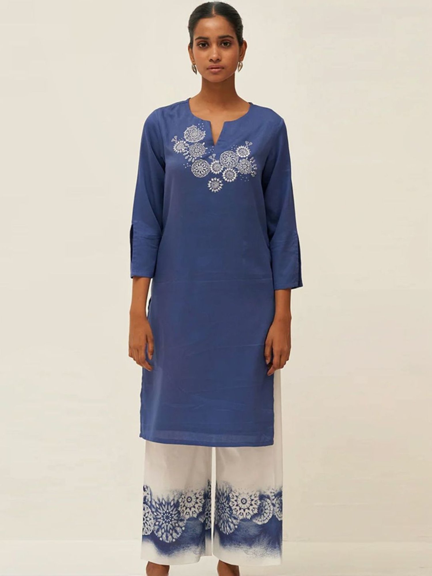 Ganga Fashions Blue & White Dhoop Cotton Kurta with Pant Co-ord Set