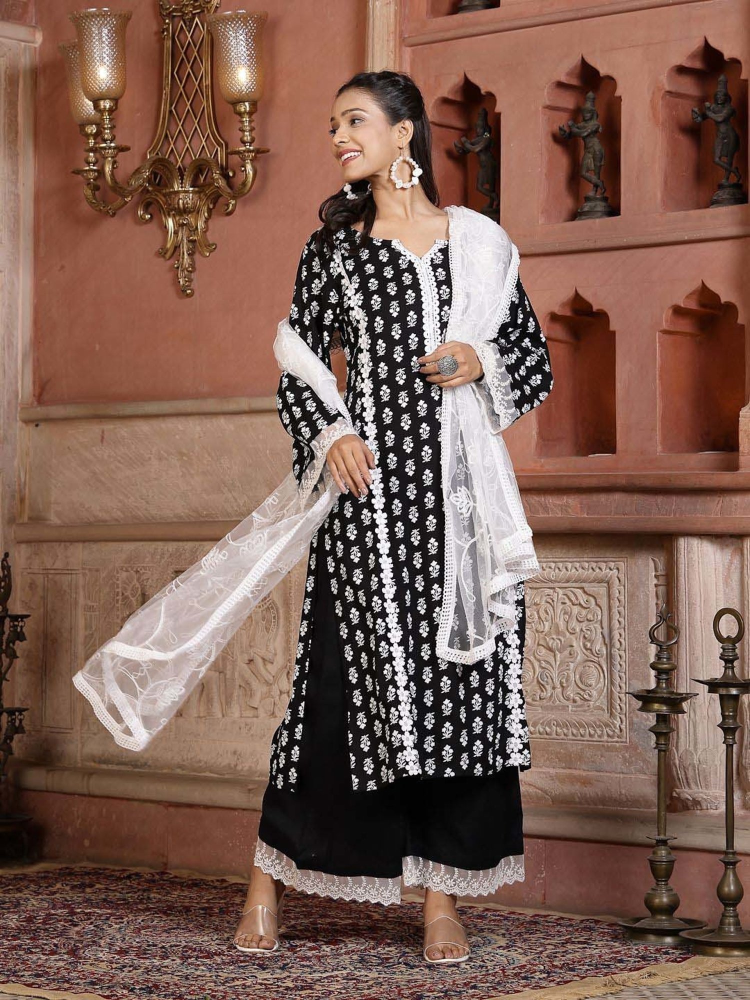 Stylum Black Printed Kurta Palazzo Set With Dupatta
