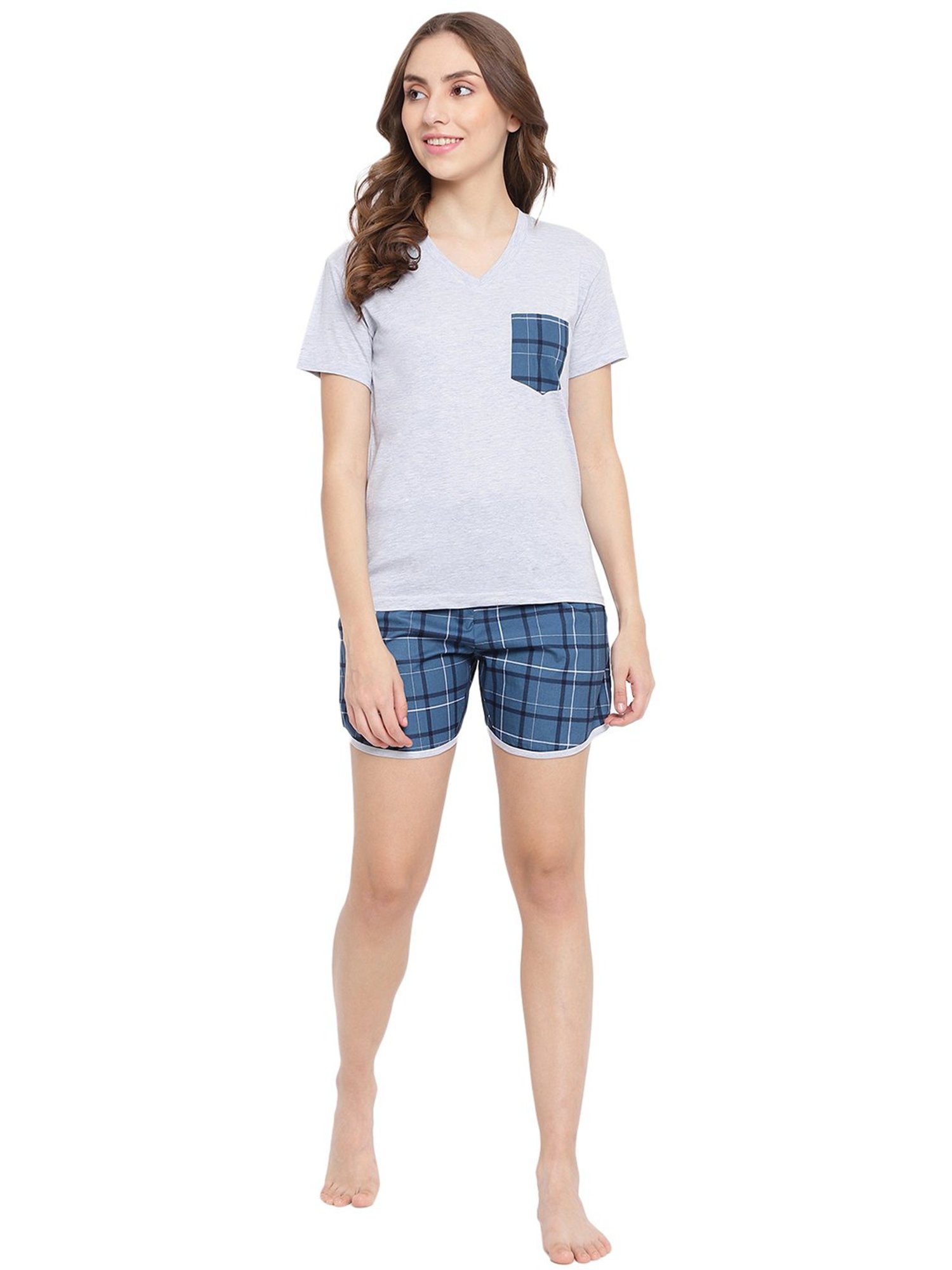 La Intimo Grey & Blue Check T-Shirt With Shorts