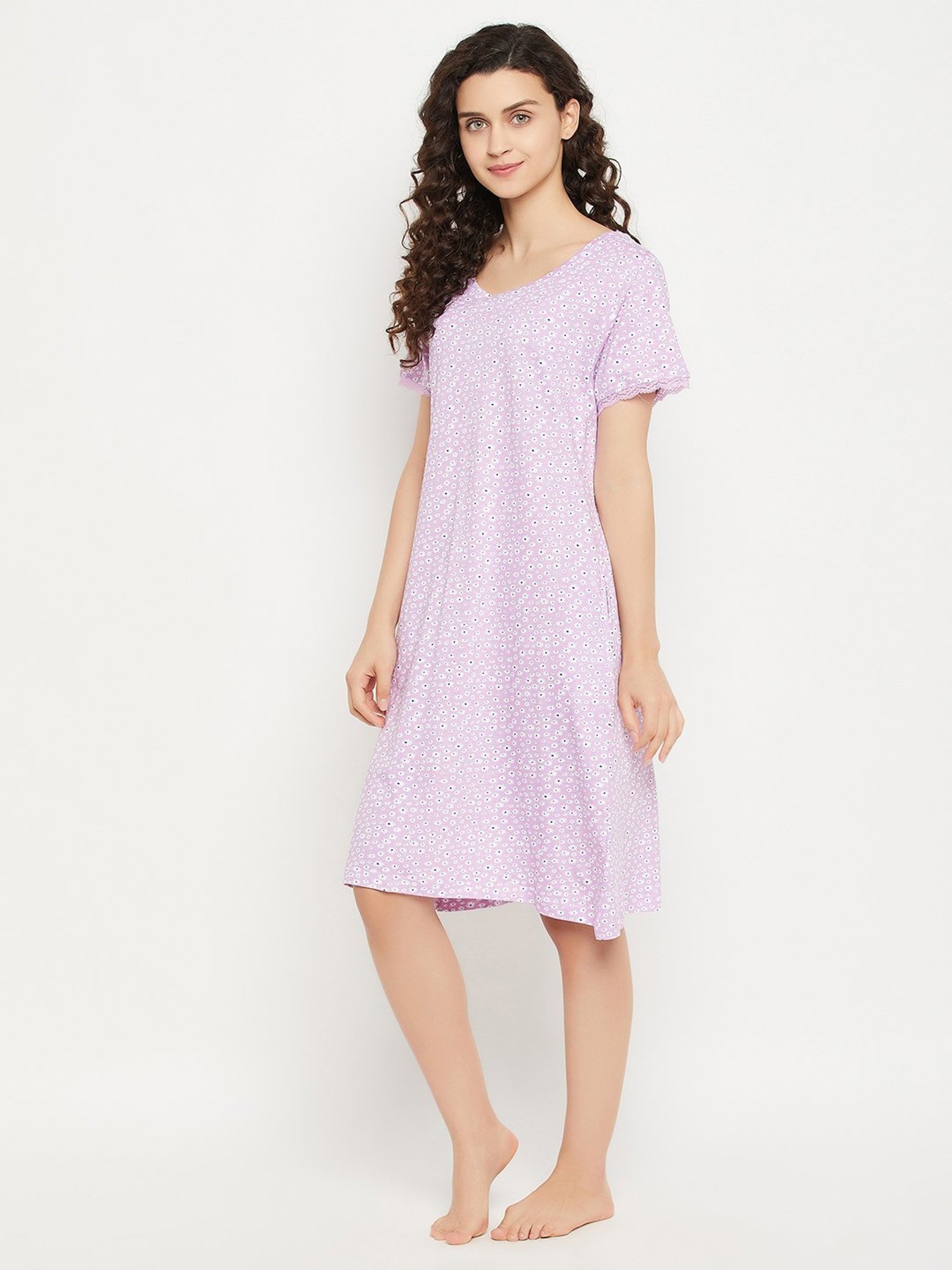 Clovia Lilac Printed Night Dress